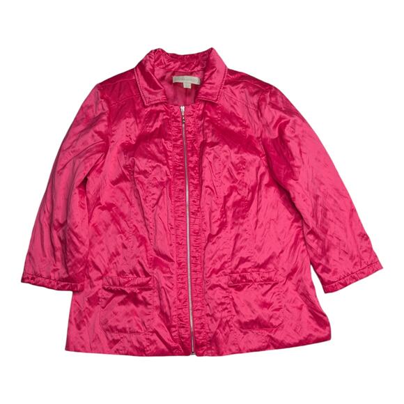 Vtg Y2K Laura Ashley Barbie Pink Satin Collared Full Zip 3/4 Sleeve Jacket L - Picture 1 of 4